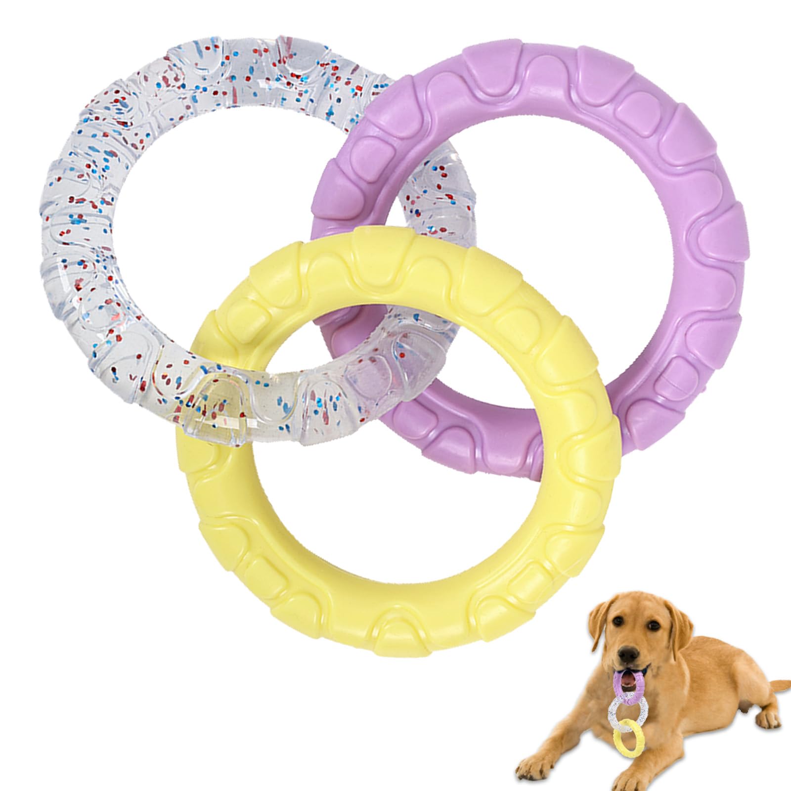Duuclume TPR 3-Ring Tug Dog Toy, Sturdy & Water Resistant Dog Chew Toy for Pets Training Teething, Interactive Fetch Toy for Puppy Small Medium Large Breeds Aggressive Chewers(Purple & Yellow)