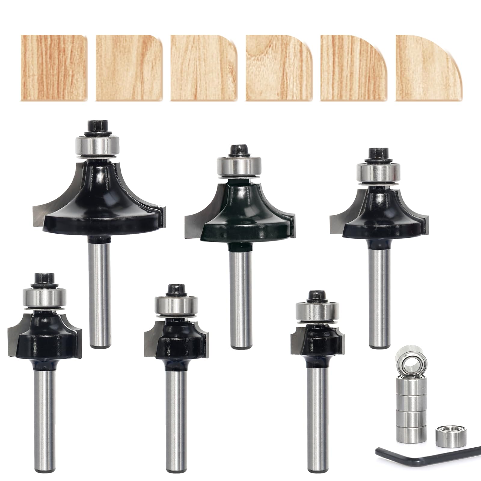 6PCS Roundover Router Bit Set , 1/4 inch Shank，Corner Rounding Edge Forming Cutter, Roundover Beading Router Bit, Radius 1/16”,1/8”, 3/16”, 1/4”, 3/8”, 1/2” with 6 extra 3/8" bearings — image 1