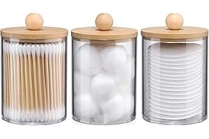 DINGLIAN 3 PCS Qtip Holder with Bamboo Lids, Cotton Pad Holder, Bud Dispenser, Bathroom Canister Storage, Clear Bathroom Cont