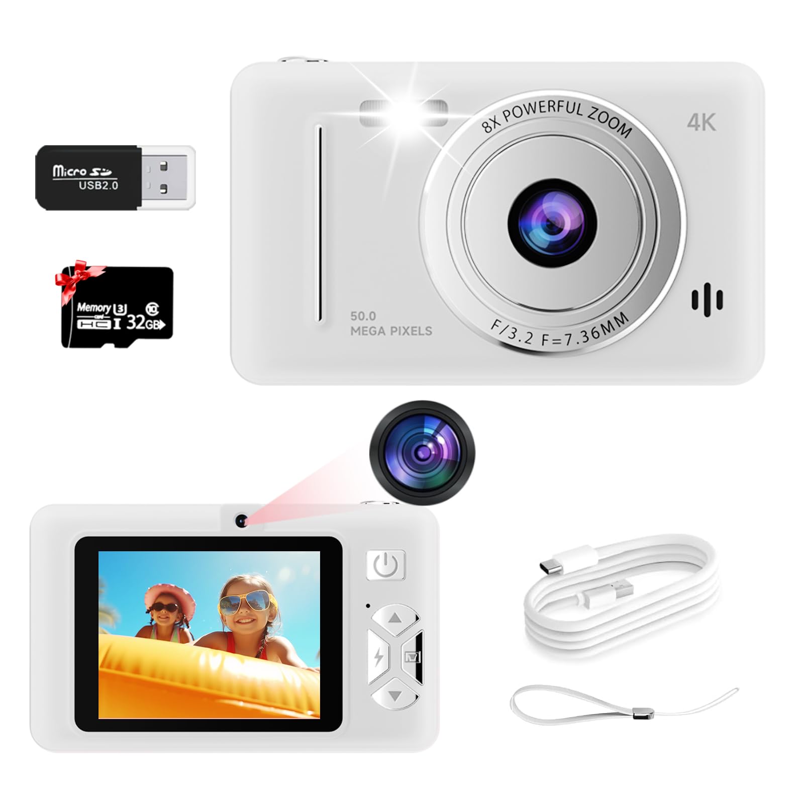 Kids Digital Camera, Dual-Lens Autofocus UHD 4K 48MP Vlogging Camera for Kids with 32GB TF Card, Compact Kids Camera, 8X Zoom, 2.7'' IPS Screen, Anti-Shake (White)