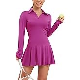 ECUPPER Women Long Sleeve Tennis Dress Polo Collared Workout Dress V Neck Athletic Golf Dresses with Shorts for Active Sports