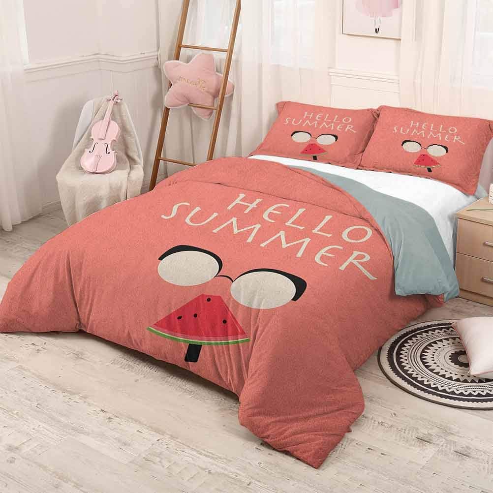 HELLOLEON (Full) Hello Summer Extra Large Quilt Cover Vintage Illustration of a Faceless Man with Glasses Eating Watermelon Popsicle Can be Used as a Quilt Cover-Lightweight Multicolor