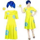 Chuangdi 3 Pcs Halloween Costume Set Include Short Blue Wig Yellow Movie Party Dress Crystal Ball for Women