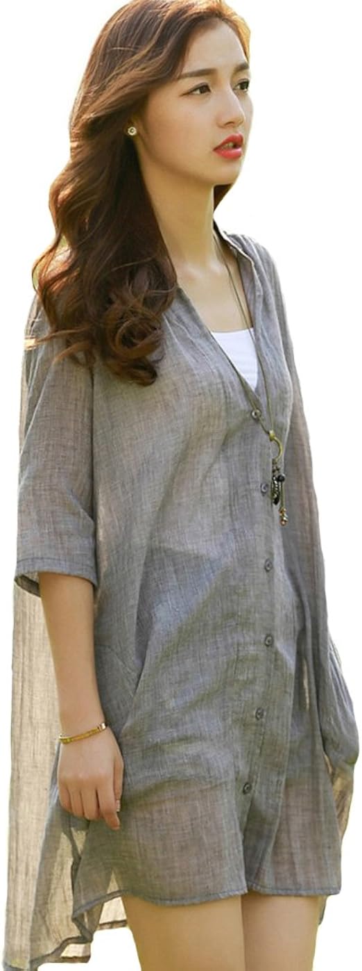 Amazon Keimi ケイミ レディース 夏 七分袖 ブラウス 綿 シャツワンピース 日焼 薄手アウター L グレー ワンピース チュニック 通販