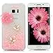 Galaxy S6 Edge Plus Case - Mavis's Diary Flowing Liquid Fancy Pink Love Heart with 3D Handmade Bling Flower White Butterfly Shiny Diamonds Clear Case Hard Cover for Samsung Galaxy S6 Edge+ G928