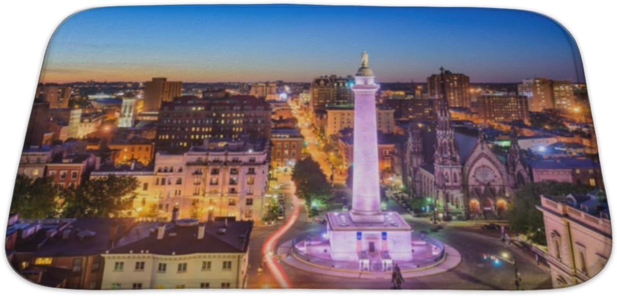 Gear New Bath Rug Mat No Slip Skid Microfiber Soft Plush Absorbent Memory Foam, Baltimore Maryland Usa Cityscape At Mt Vernon And The Washington Monument, 34x21