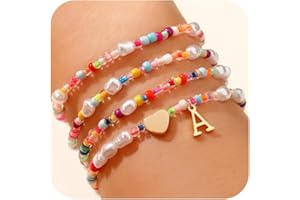 JIAOGE Christmas Gifts for Teen Girls Kids - 4PCS Gold Stretchable Boho Colorful Beaded Pearl Heart Initial Bracelets for Women Teen Girl Gifts Trendy Stuff Cute Stackable Kids Jewelry Birthday Gifts