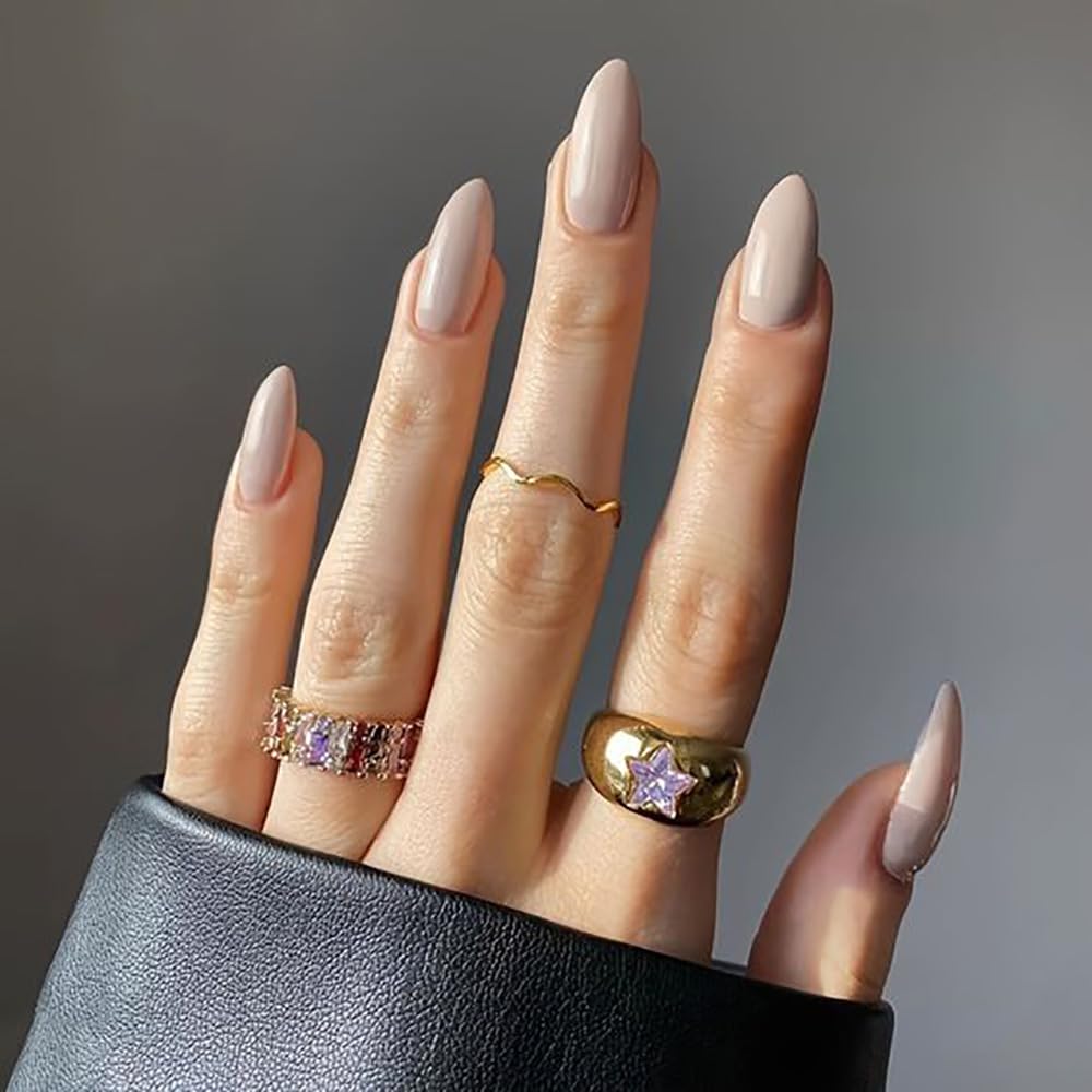 Photo 1 of **RED**Creamy Grey Press on Nails Almond Medium, Solid Color Glossy Fake Nails Press Ons Almond Shape, Stick on Nails for Women and Girls Daily Wear in 24PCS
