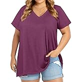 JOELLYUS Plus Size Tops for Women Summer Top Loose Fit Tee Shirts V Neck Short Sleeve Blouse