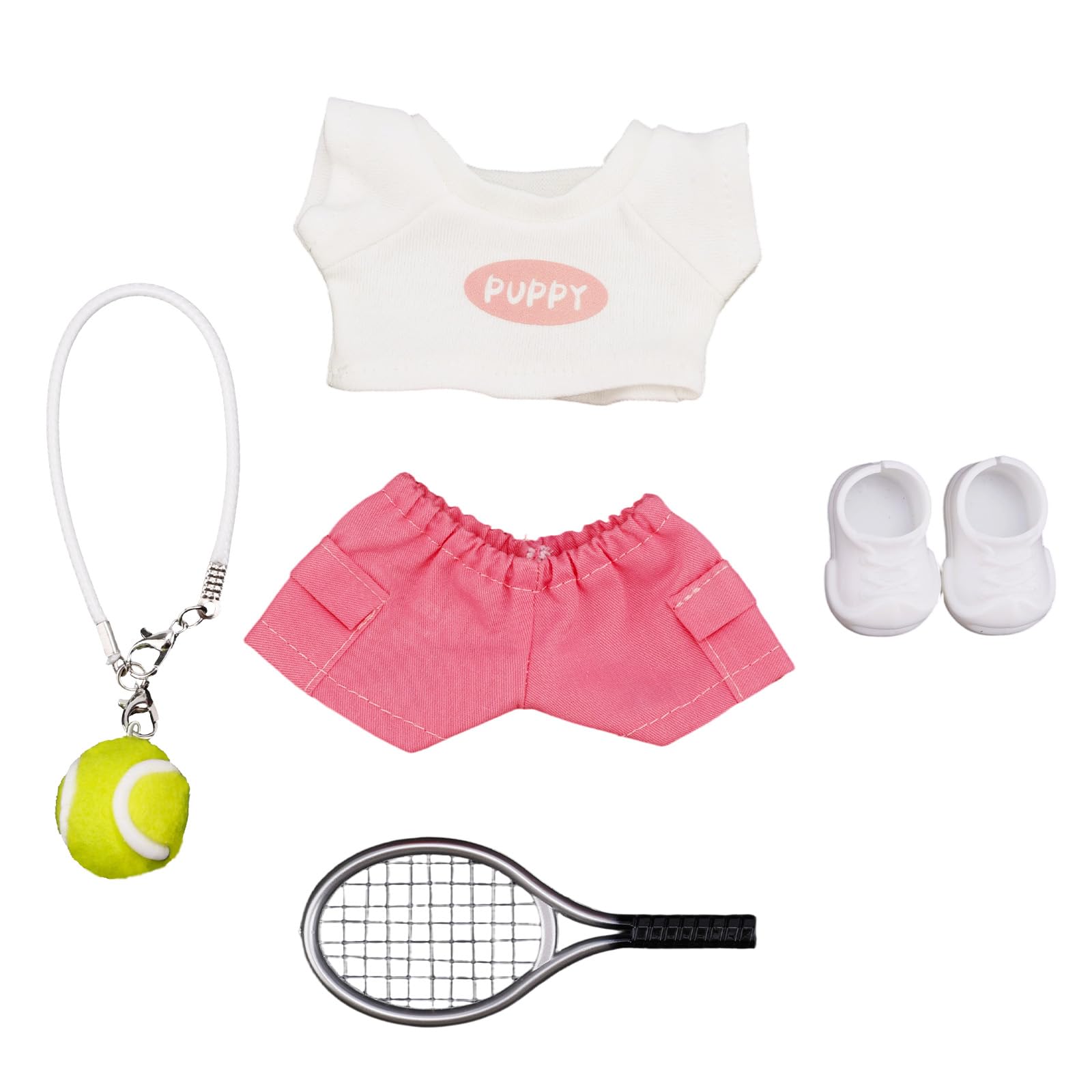 Sinbana Pink Tennis Outfit for Doll, Cute Plush Doll Clothing Clothes Set with Bags Shoes Tennis Rackets for 5.9in/15cm& 6.69in/17cm Dolls Outfit Accessories