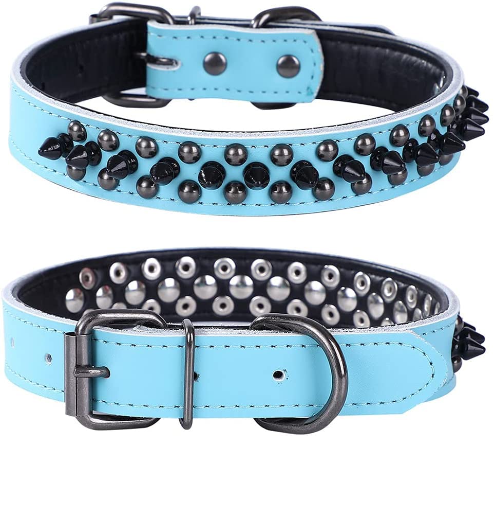 haoyueer Spiked Studded Dog Collar, Genuine Leather Dog Collar, Adjustable Pet Collars for Medium Large Bulldog Pitbull Mastiff Poodle Boxer (S, Blue-1)