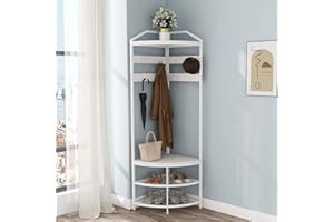 GiftGo Corner Hall Tree with Shoe Bench Entryway Coat Rack with 10 Metal Movable Hooks Freestanding Clothes Rack Shoes Shelf Organizer for Home Office Bedroom (White)