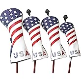 Golf Head Covers, for Fairway Woods Driver Hybrid 1 3 5 UT GLOOF Golf Club Head Covers USA Stars and Stripes with Interchangeable ID Tags Leather 3 Wood Driver Headcovers
