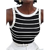 Milumia Women's Striped Ribbed Knit Tank Top Button Crew Neck Sleeveless Fitted Tops