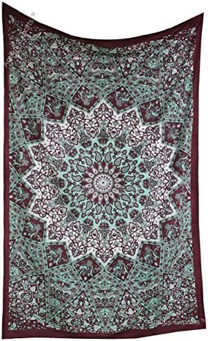 Amitus Exports(TM) Premium Quality 1 X Classic Star Maroon Green Color Size 81"X52" (Approx.) Inches Indian Mandala Tapestry Thin Cotton Fabric Throws (Handmade In India)