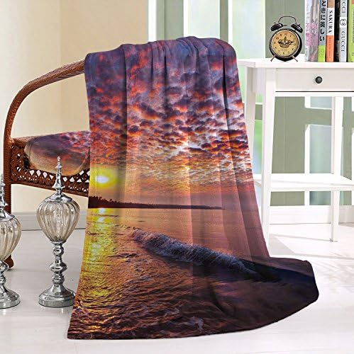 HAIXIA Blanket Landscape Photo of Sunrise with Cloudy Sky at Seashore Dramatic Dawn Island Forest Queen Full Orange Mauve Blue