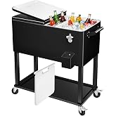 EDOSTORY 80 Qt Rolling Patio Cooler Cart Wheels, Outdoor Beverage Ice Chest | Outdoor Drink Bar Stand for Backyard Party, Includes Serving Tray