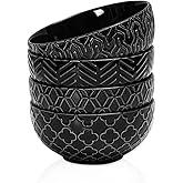 Sureasy Ceramic Cereal Bowls Set of 4, 5.9 Inch Deep Soup Bowls for Kitchen, 25 oz Embossed Stoneware Bowls for Pasta, Salad, Oatmeal, Noodle, Ramen, Microwave Dishwasher Safe, Set of 4, Black