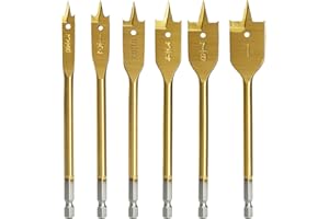 COMOWARE Spade Drill Bit Set- Paddle Flat Bits, Hole Cutter, Titanium Coating, Carbon Steel, Woodworking, 6-Pieces, 3/8"-1"