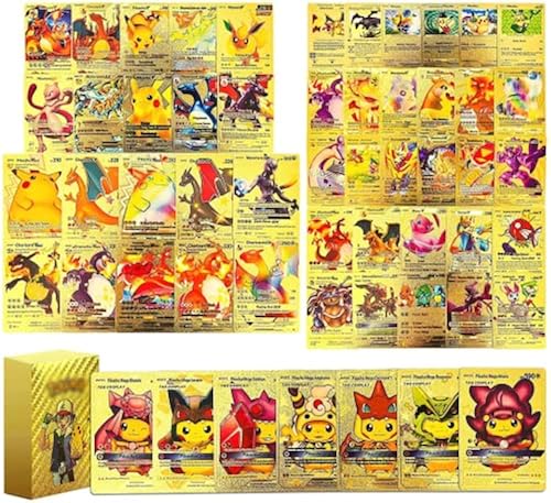 55 PCS Pokemon Gold Foil Cards TCG Deck Box Including Assorted Rare Foil  Cards( 15 Vmax