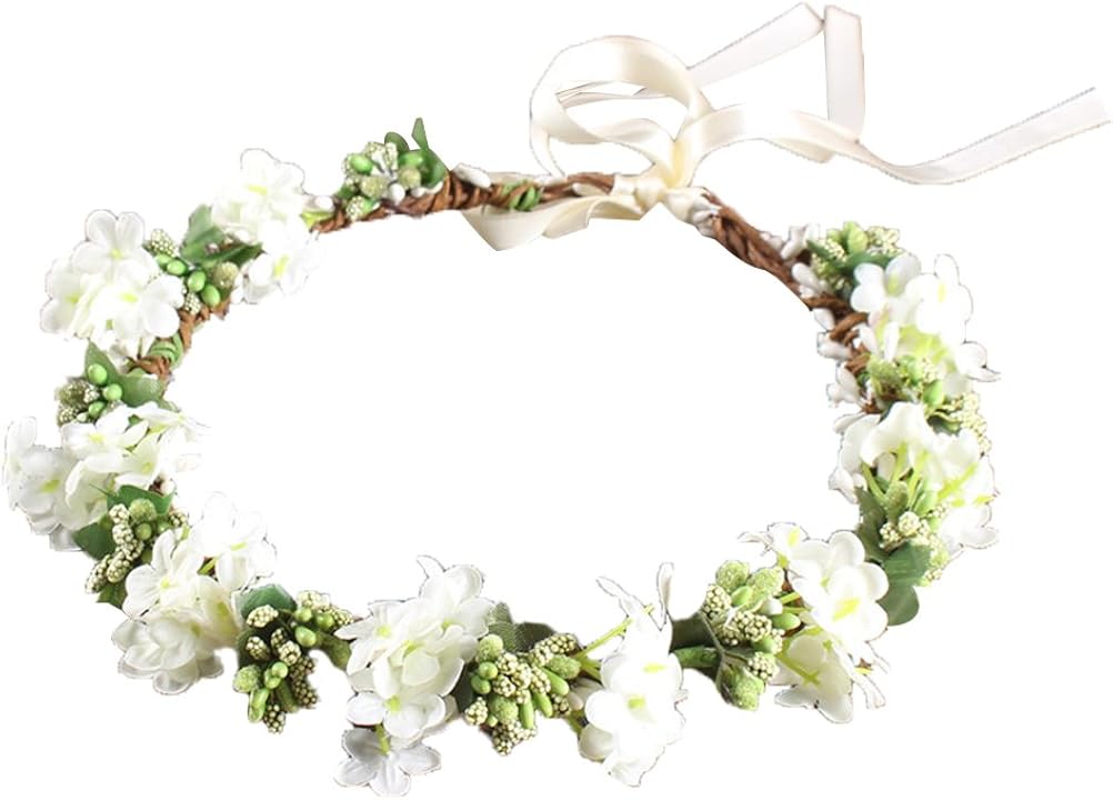 OULII Wedding Floral Headband Women Flower Head Wreath Bridesmaid Bridal Flowers Girls Hair Accessories (White)