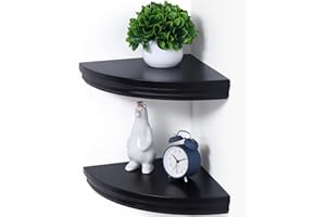 MARSMILES Floating Corner Shelves, 2 Tier Fan-Shaped Corner Wall Shelves, Corner Shelves Wall Mounted, Corner Floating Shelves for Bedroom Kitchen Living Room Bathroom Office, 12-4/5"W x 12-4/5"D x 2" H, Black