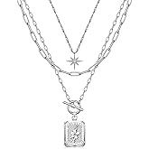 MJartoria Layered Necklaces for Women Trendy, 14K Gold Plated Brass Simple Star Choker Square Birth Flower Necklace, Paperclip Chain Necklaces Jewelry Gifts