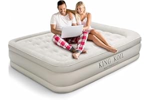 King Koil Luxury Queen Size Air Mattress with High-Speed Built-in Pump, Blow Up Bed Top Side Flocking, Puncture Resistant, Double High Inflatable Airbed Guests or Travel 1-Year Warranty