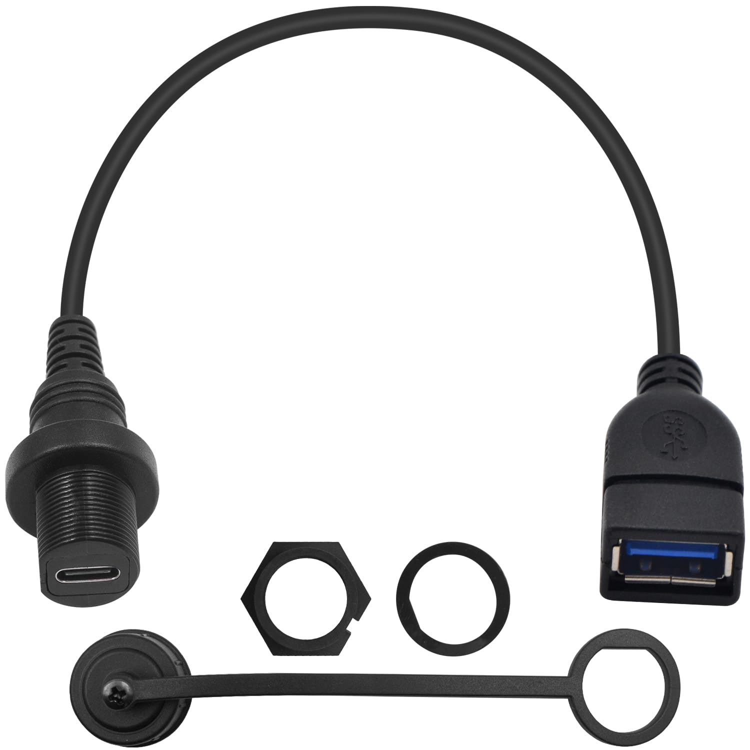 Duttek USB C Female to USB 3.0 Female Car Flush Mount Cable, USB A to USB C Mount Dash Flush Waterproof Cable, USB C 3.0 Panel Mount Extension Cable for Car Truck Boat Motorcycle Dashboard 30cm