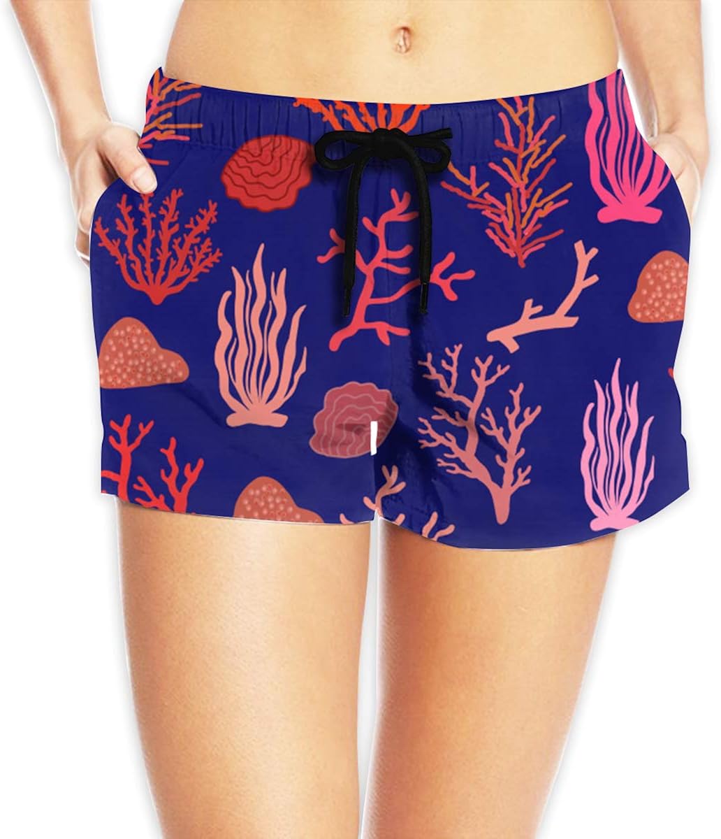 Coral Reef Pattern Women's Casual Sleep Shorts Swim Shorts Board Shorts XXL White