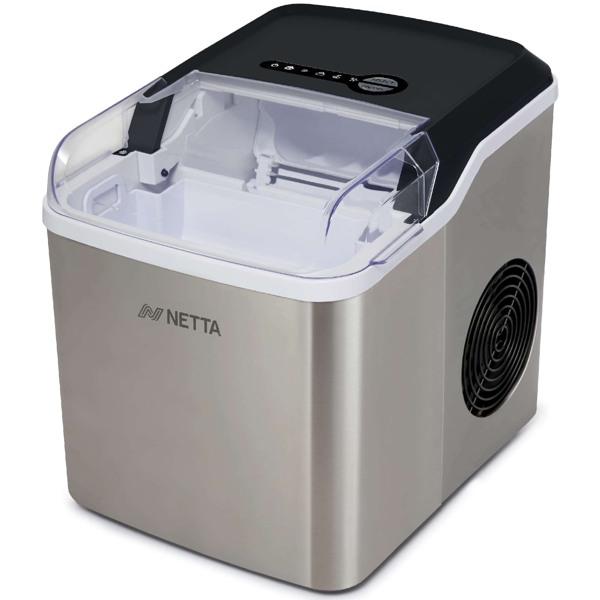 NETTA Ice Maker Machine for Home Use Makes Cubes in 10 Minutes - Large 12kg Capacity 1.8L Tank - No Plumbing Required - Includes Scooper and Removable Basket - Stainless Steel & Black