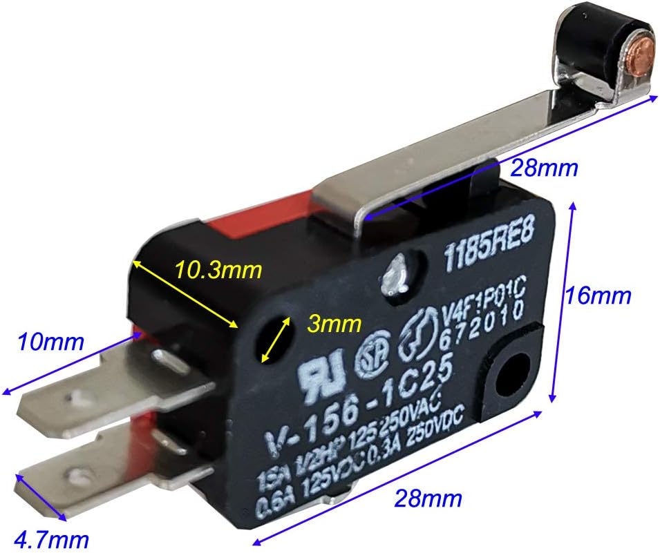 10-Pack V-153-1C25 Limit Micro Switch – SPDT Long Lever Roller Action, 15A/125VAC, For Industrial & Home Automation
