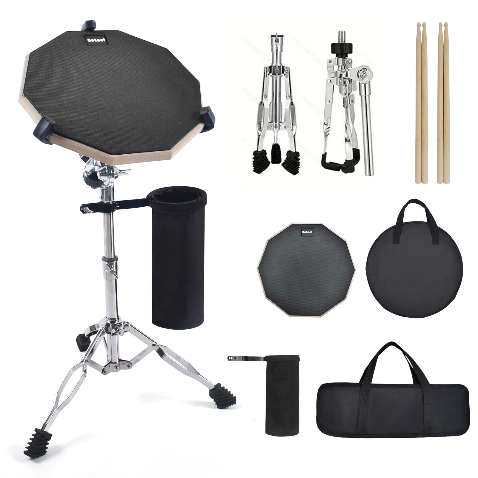 Photo 1 of Seteol Drum Practice Pad Set, 12 Inch Double Sided Silent Drum Pad with Storage Bag + Adjustable Snare Drum Stand with Carry Bag + 2 Pair Drum Sticks with Drumstick Holder, Fits 10"-14" Drums (Black)
