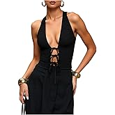 SweatyRocks Women's Tie Front Halter Crop Tops Deep V Neck Backless Going Out Rave Tank Top
