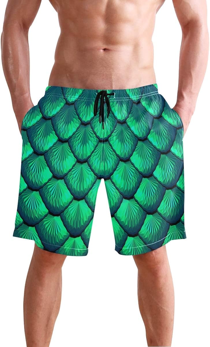 3D Green Dragon Scales Men's Swim Trunks Quick Dry Beach Board Short Casual Polyester Shorts
