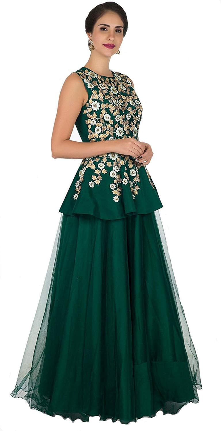 queen of india women's taffeta silk embroidered semi-stitched anarkali gown (green)
