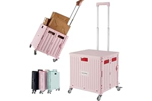 MACOPRO Folding Utility Cart Portable Rolling Crate Handcart Shopping Trolley Collapsible Tool Box, with Lid, Basket on 4 Rotate Wheels, for Grocery, Shopping, Office, Teacher (Pink)