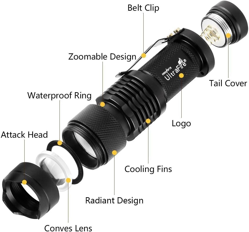 3 Pack UltraFire Mini Flashlights Focus Adjustable SK68 Single Mode Tactical LED Flashlight, Ultra Bright 300 Lumens Torch - - 