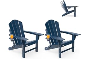 Mdeam Folding Adirondack Chair Set of 2, Adjustable Backrest, Fire Pit Chairs with Cup Holder, HDPE All Weather for Patio Lawn Deck Campfire Garden Outdoor, Navy Blue