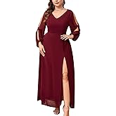 ZOMVA Plus Size Chiffon Maxi Dress V-Neck A-line Long Sleeve Front High Slit Formal Dress Mother of Bride Wedding Guest