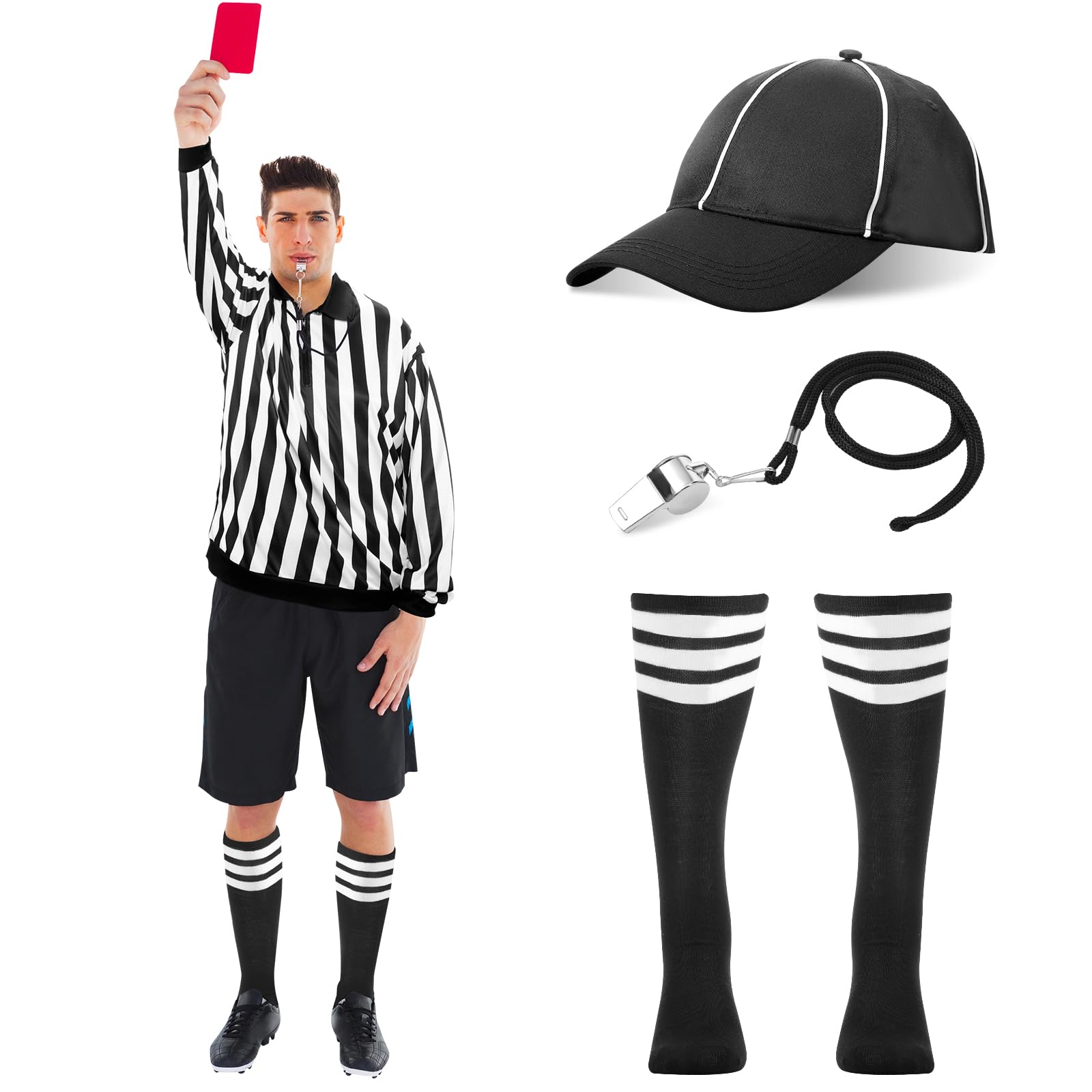 6 Pcs Official Referee Costume Set Long Sleeve Black and White Stripe Referee Zipper Collar Shirt Official Referee Hat Stainless Whistle with Lanyard Yellow Red Penalty Flag Striped Socks (Large)