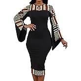 Oxgmoky Women's African Print Dress Work Business Bodycon Long Sleeve Round Neck Pencil Dresses