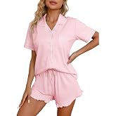QZH.DUAO Pajama Set for Women 100% Cotton Button Down Pjs Short Sleeve With Ruffle Shorts Sleepwear Size XS-XL