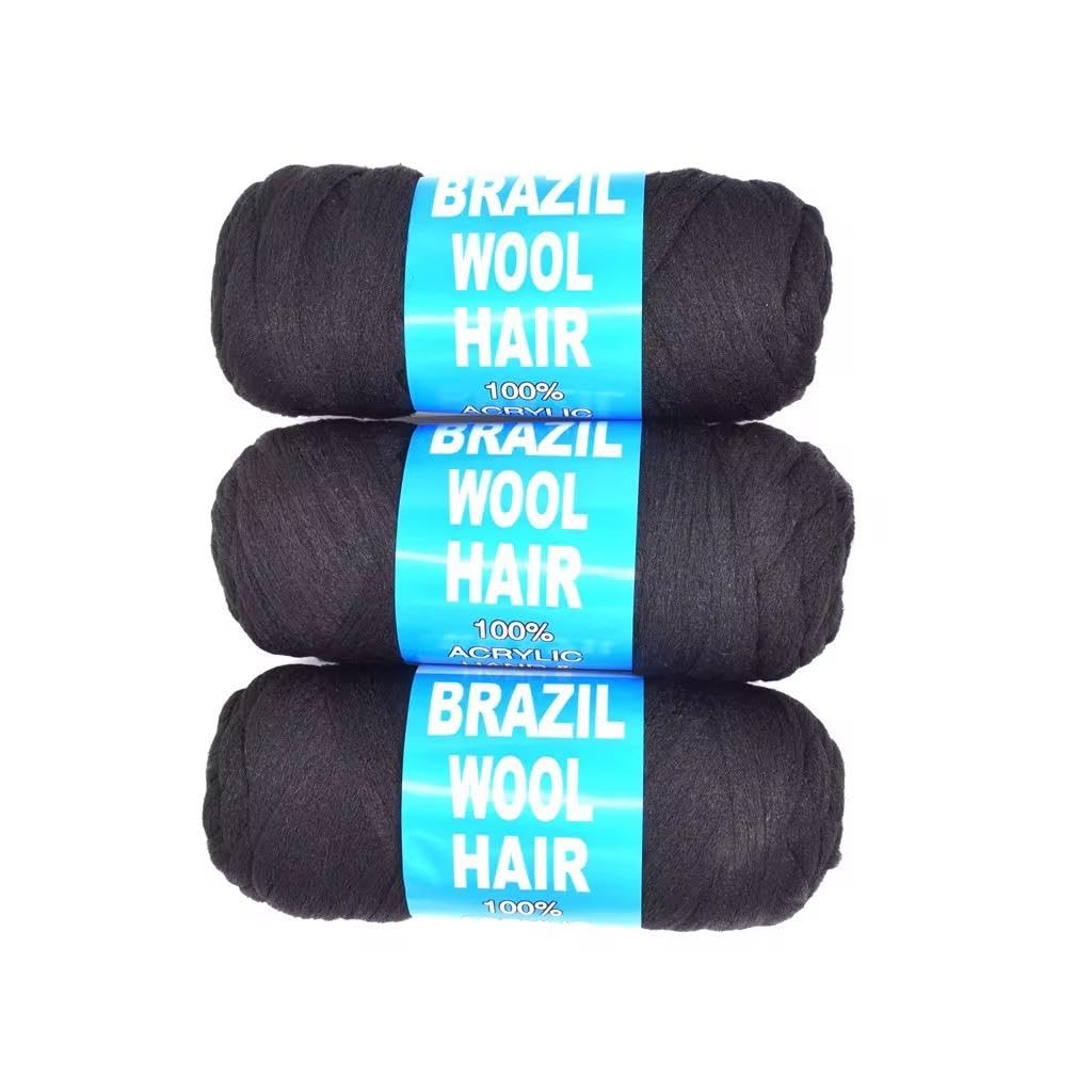 Brazilian Wool Hair – 3 -Pack Black Synthetic Braiding Hair – Protective Styles Yarn for Afro Hair – Omoge Hair