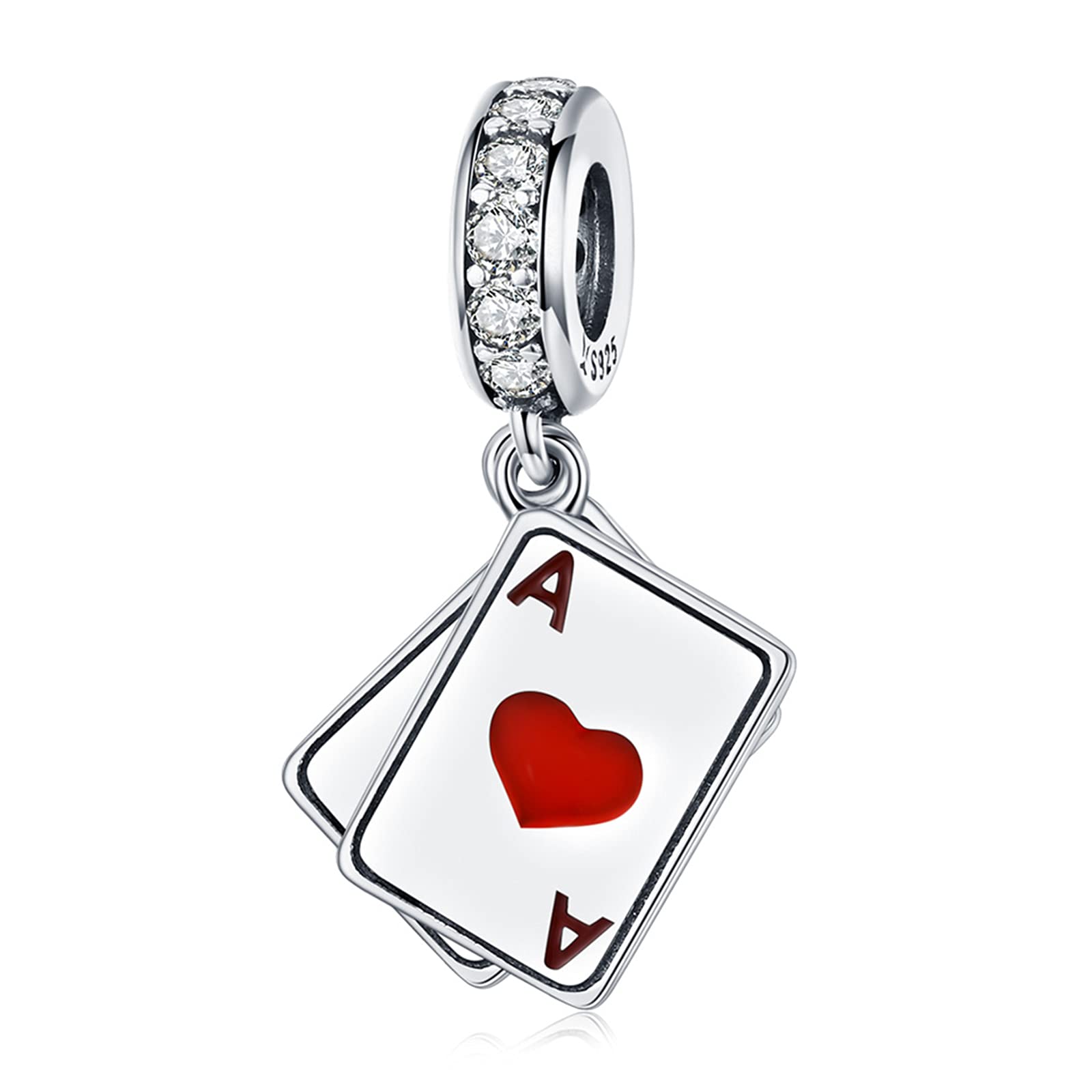 Qings Playing Card Charms for European Bracelets, 925 Sterling Silver Poker Ace of Hearts Spades Lucky Pendant Charm for DIY Bracelets and Necklaces Birthday Gifts for Women Girls