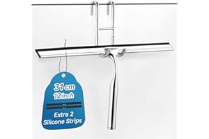 ecooe Stainless Steel Shower Squeegee with Hook, 12″ Shower Glass Cleaner Wiper Scraper with 2 Replacement Blade Window Squeegee for Home Bathroom Kitchen Car Glass Doors
