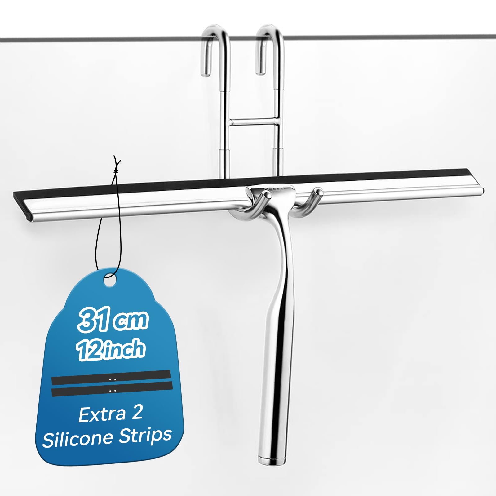 Photo 1 of ecooe Stainless Steel Shower Squeegee with Hook, 12? Shower Glass Cleaner Wiper Scraper with 2 Replacement Blade Window Squeegee for Home Bathroom Kitchen Car Glass Doors