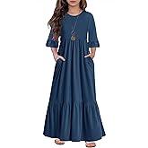 HOSIKA Girls Maxi Dress Crew Neck A-line Loose Flowy Tiered Holiday Casual Dresses with Pockets for 6-12 Y