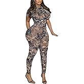 LXUAMR Sexy Jumpsuits for Women See Through Mesh Print Backless Bodycon Club Jumpsuit