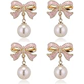 Gold Bow Earrings for Women Trendy Small bowknot Earring, Ribbon Waterfall Dangling Earrings, Pearl Bow earrings, Sparkly Elegant Bowknot Stud Earring Preppy Wedding Party Daily Jewelry Accessory Gifts